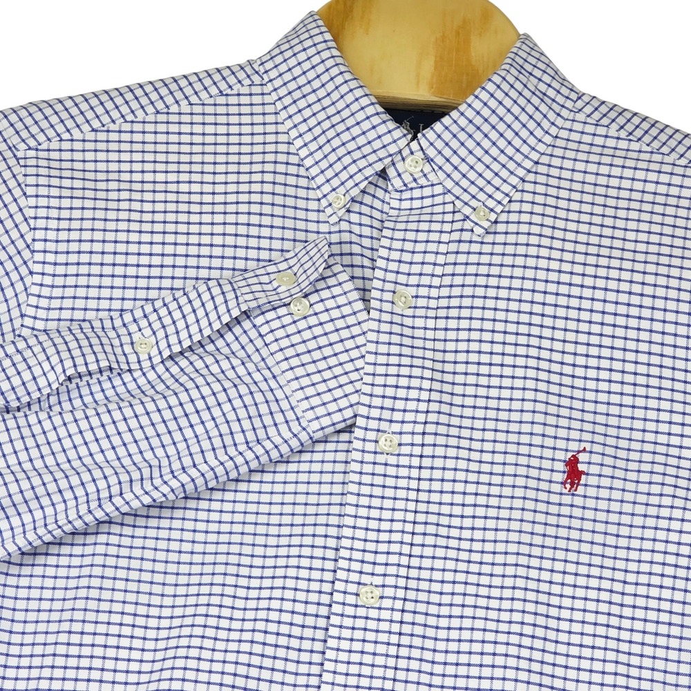 Ralph Lauren‎ Shirt Men's 16 Classic Fit Blue Check Plaid Embroidered Pony